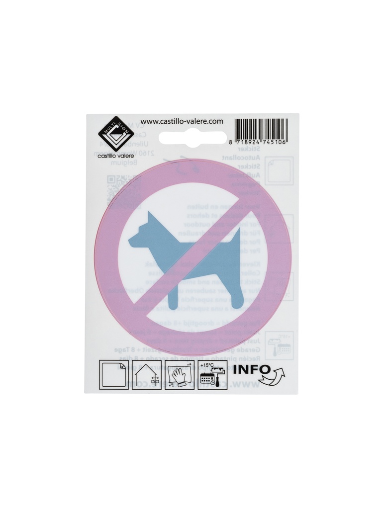 Zelfklevend pictogram verboden voor honden 10x10cm achter glas